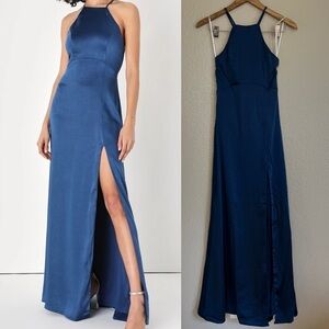 NWOT Born to Captivate Blue Satin Backless Maxi Dress